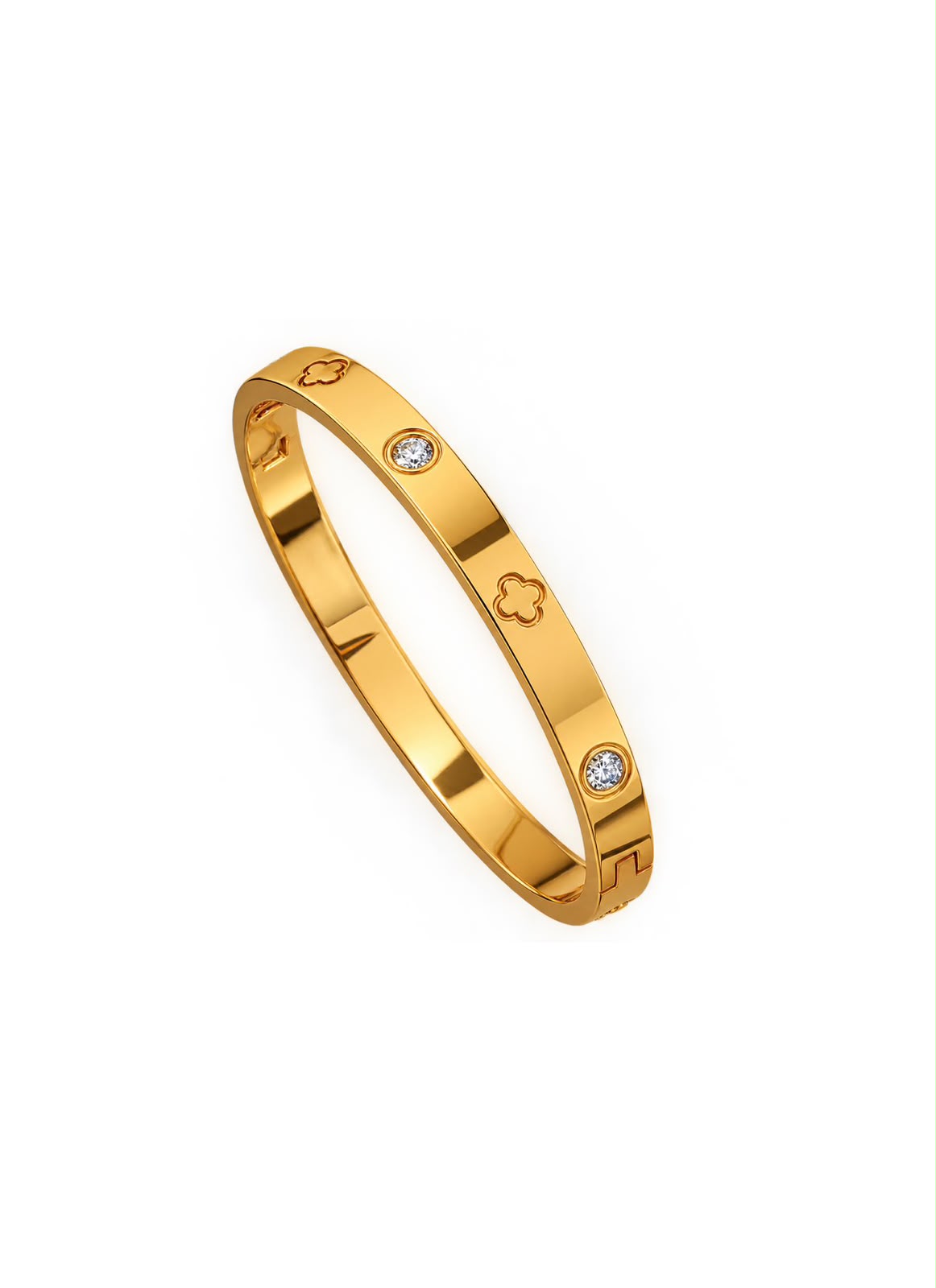 slim gold Clove bangle with engraved clove outlines and single clear stones on white background