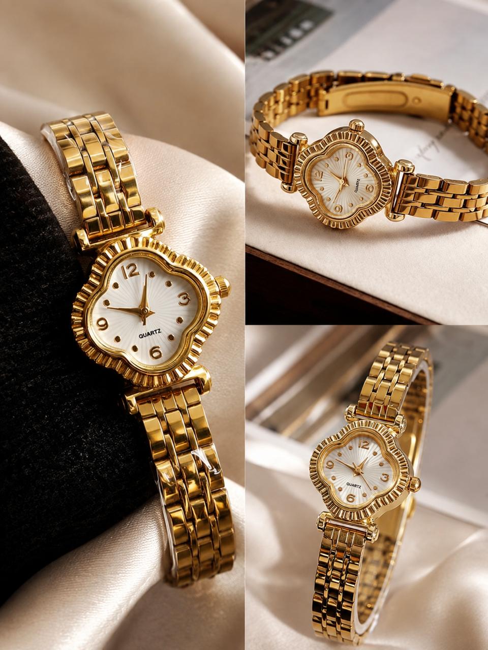 gold plated Clove watch with fluted flower-shaped case on satin fabric