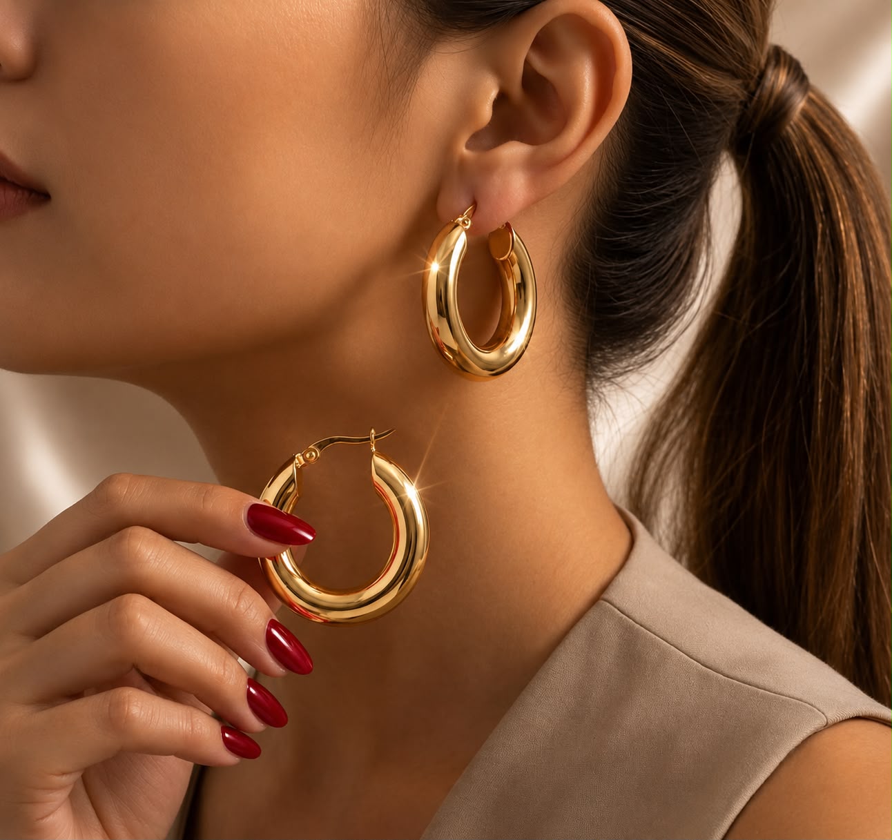 chunky gold plated tube hoop earrings, waterproof and tarnish resistant