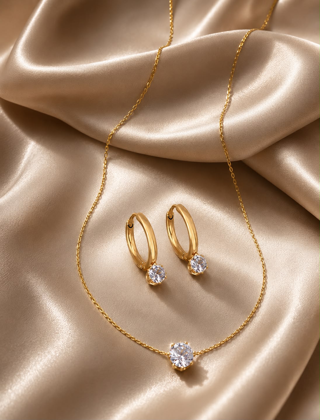 dainty gold plated diamante solitaire necklace and matching drop earrings set