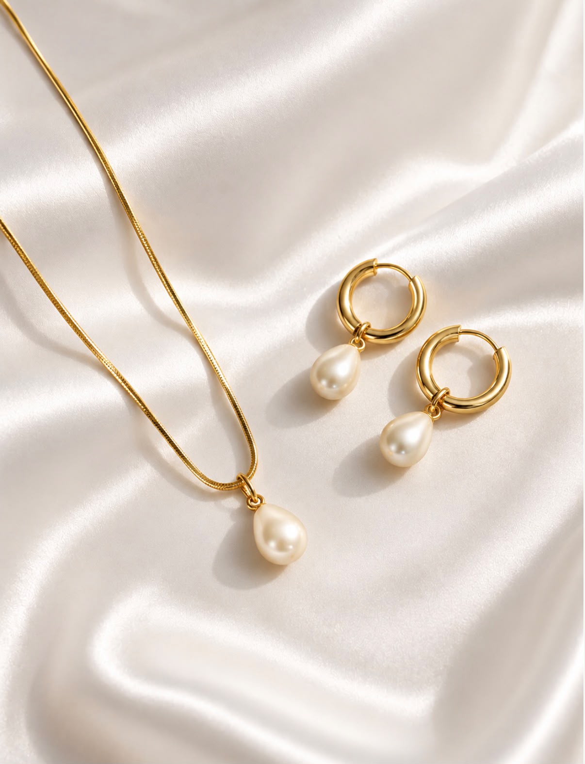 dainty pearl pendant necklace and pearl drop earrings set gold
