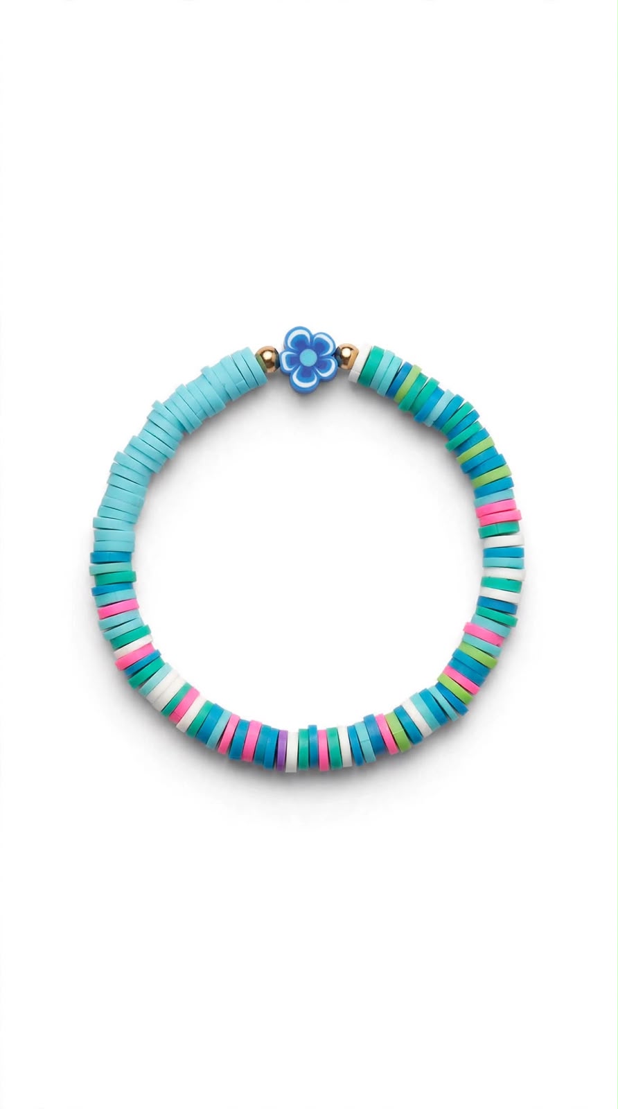 kids blue and pink bead bracelet with a blue flower bead on white background