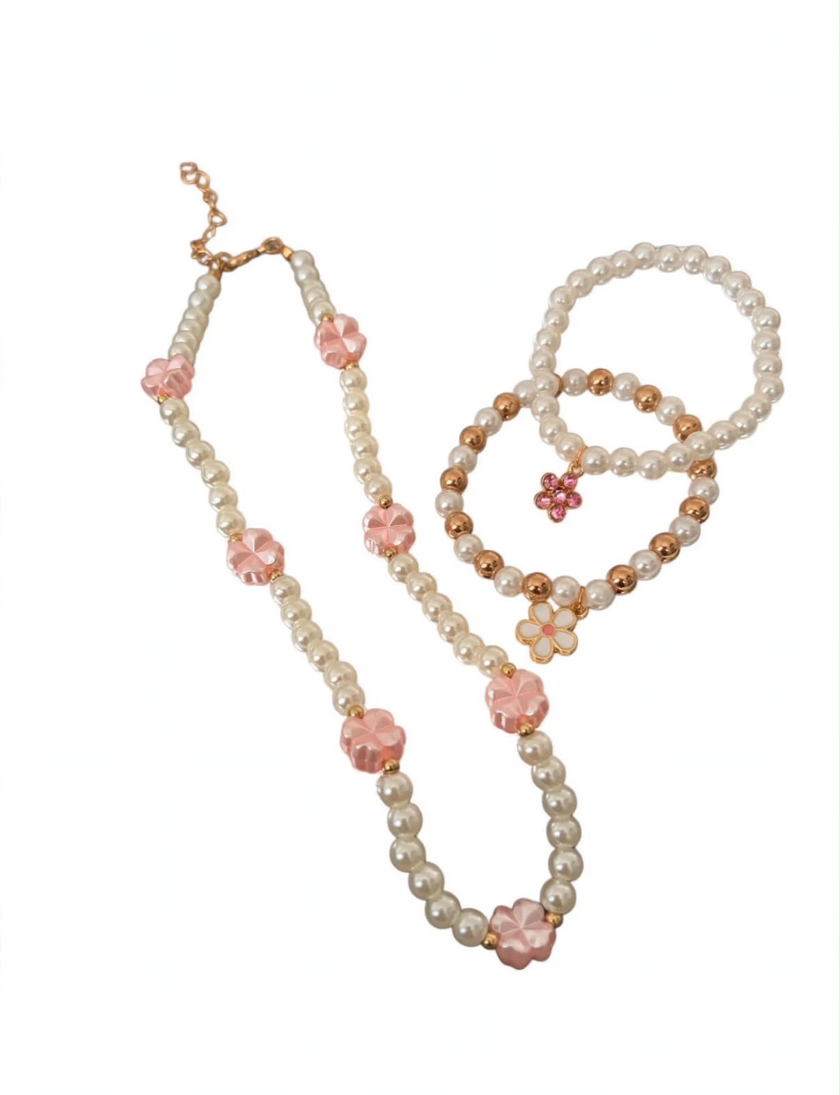 kids pearl-style bead necklace with pink flowers and two matching bracelets on white background