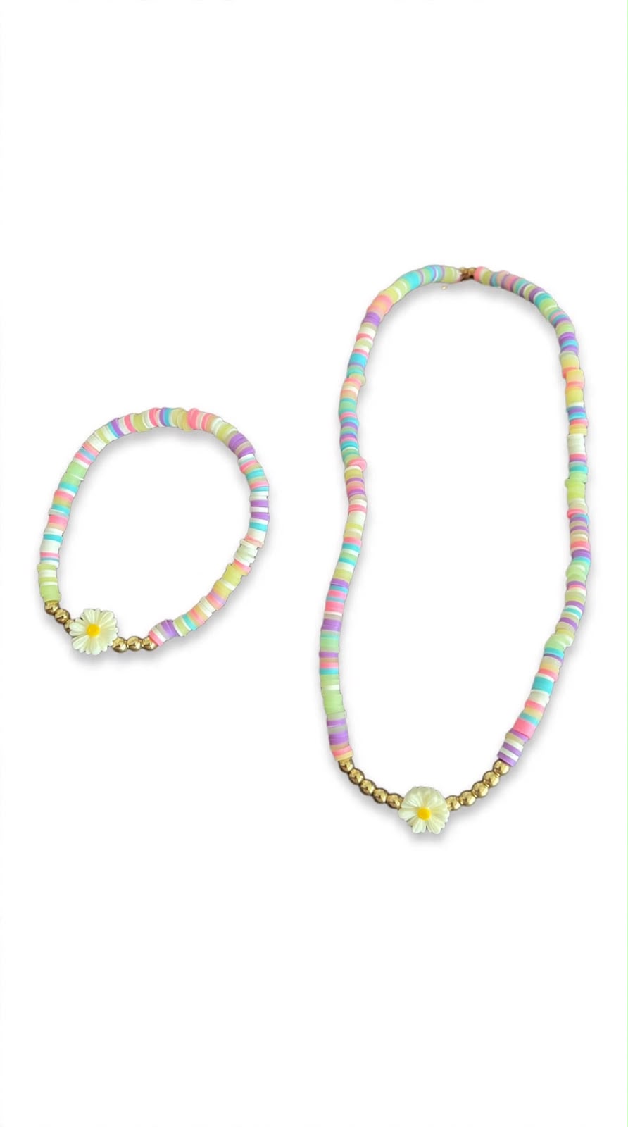 kids pastel bead necklace and bracelet set with daisy charms on white background