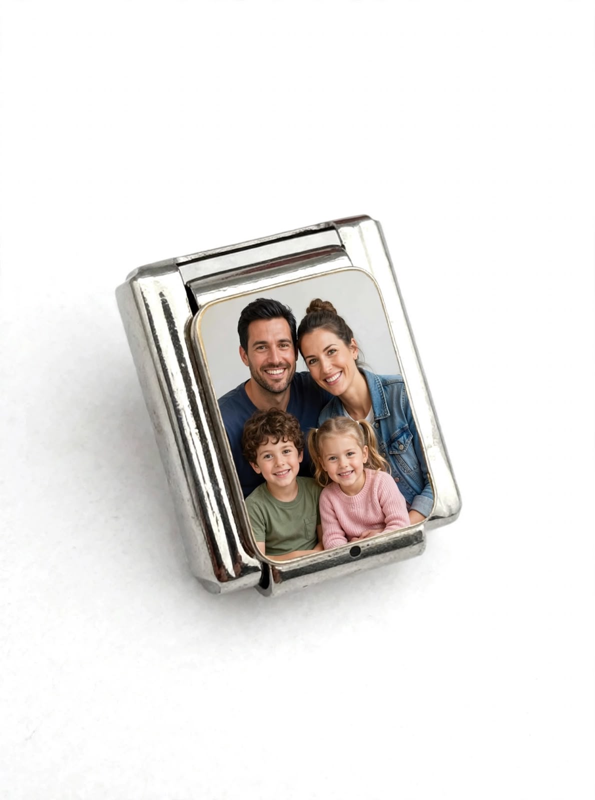 silver-tone Italian charm link with a family photo printed on it, on white background
